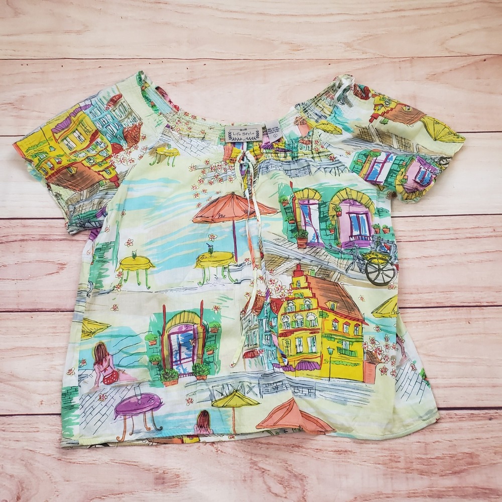 Life Style Blouse Women Large Cotton‎ Peasant Coastal Village Novelty Print Top